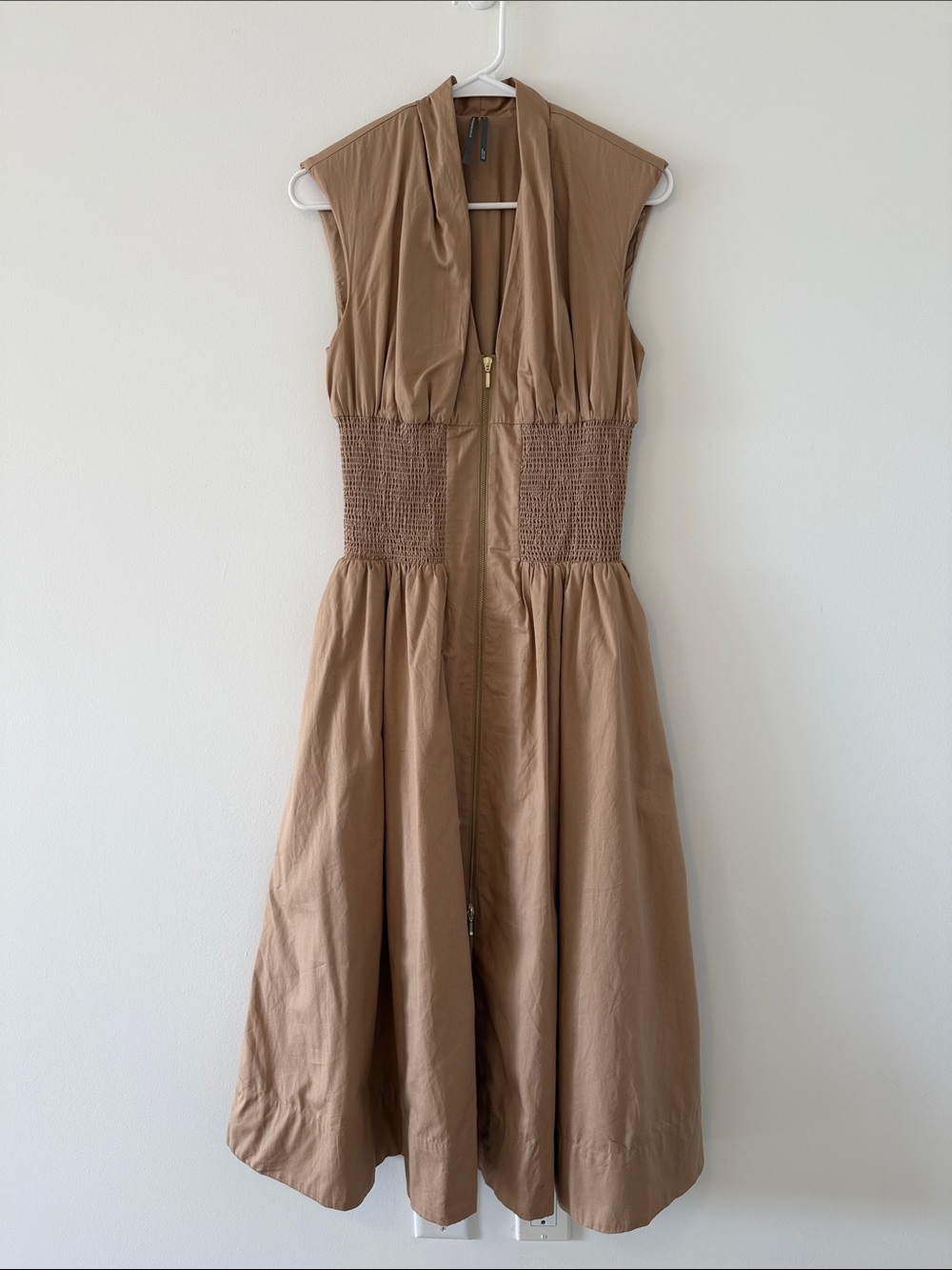Anthropologie Tan Sleeveless Midi Dress with Smocked Waist